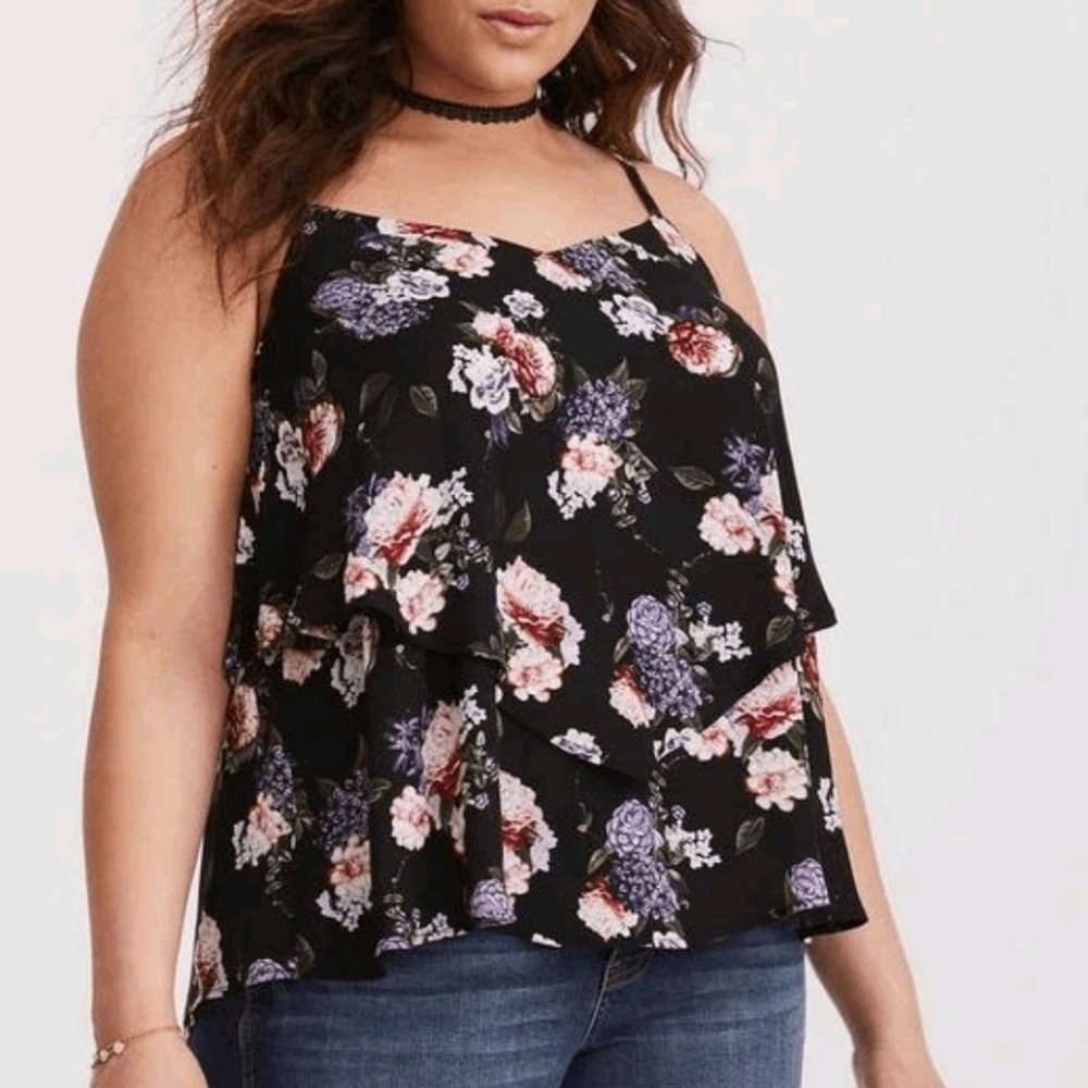 Torrid Black Floral Crossback Layered Handkerchief Hem Tank Top, Sz 1X